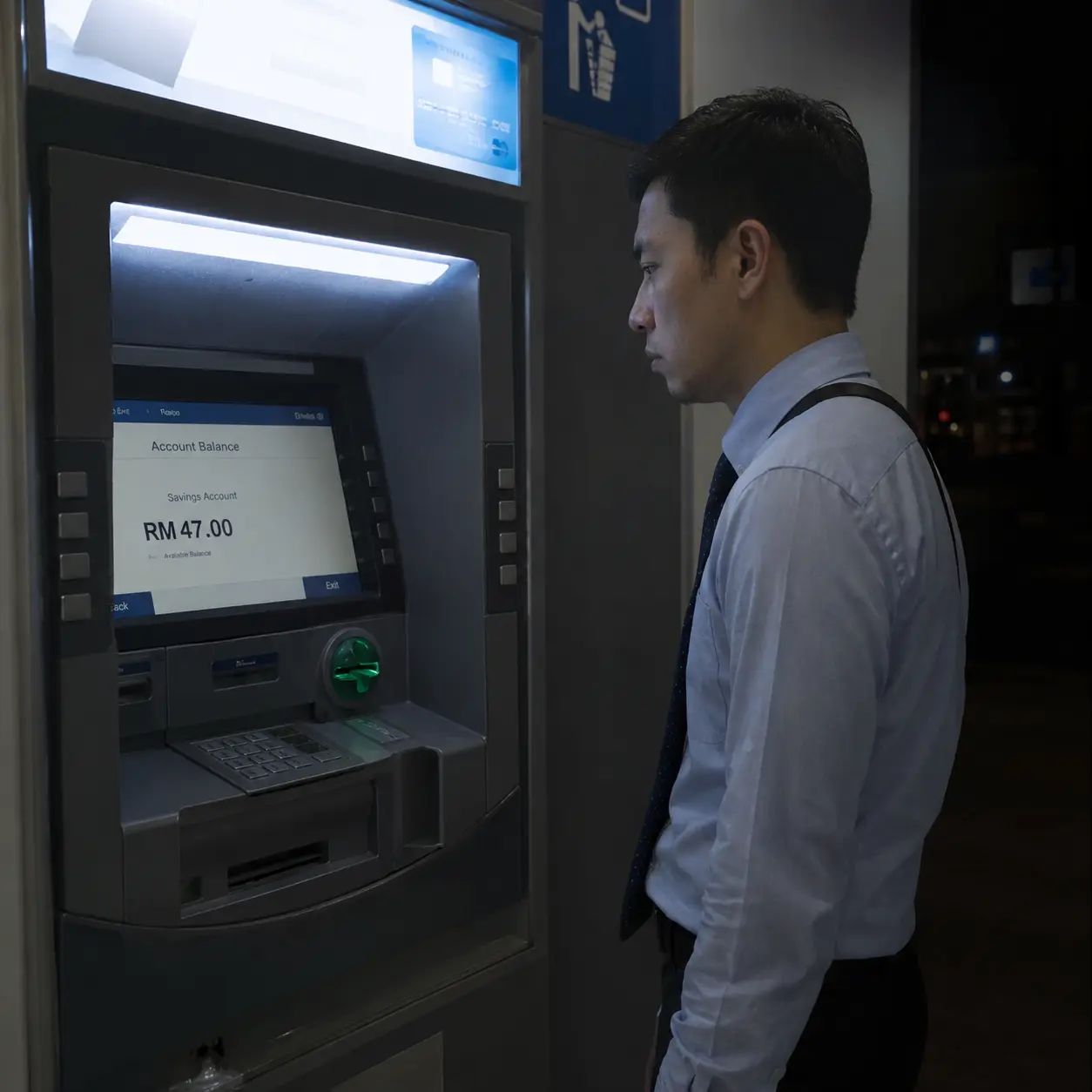 Man using ATM at night