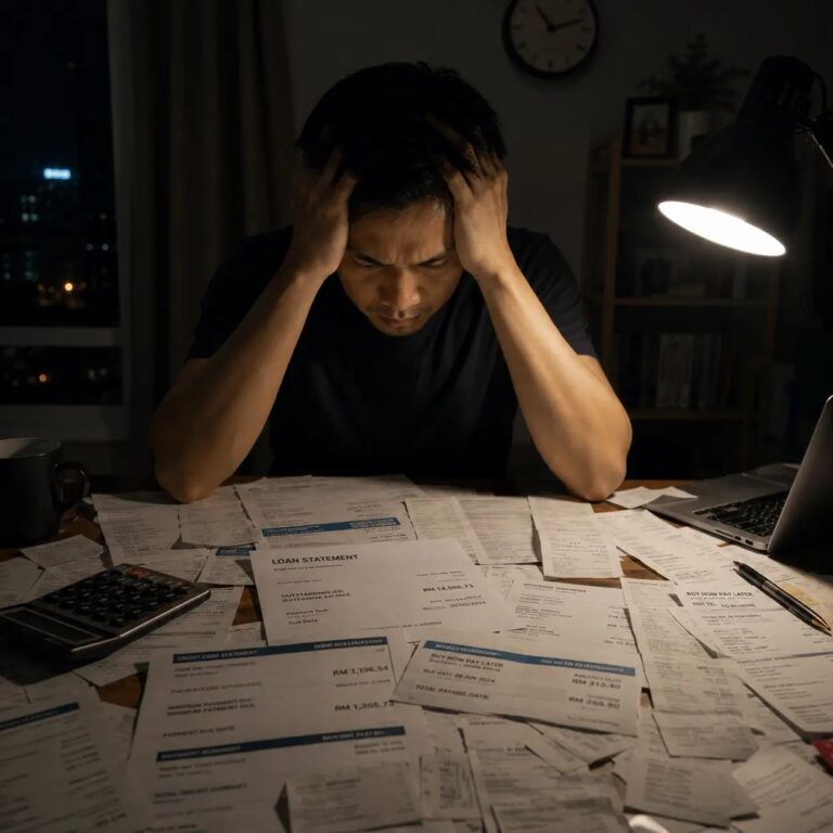Stressed man surrounded by bills