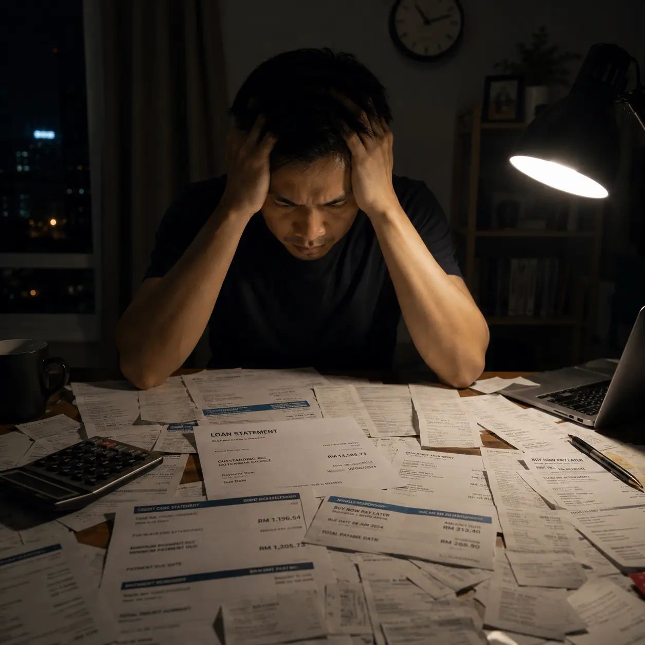 Stressed man surrounded by bills