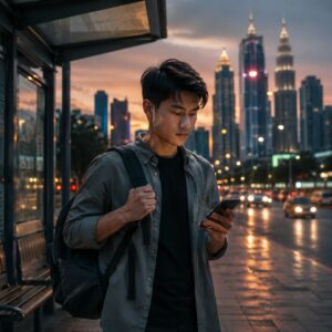 Young man checking phone at sunset