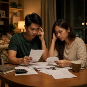 Couple stressed over financial documents.
